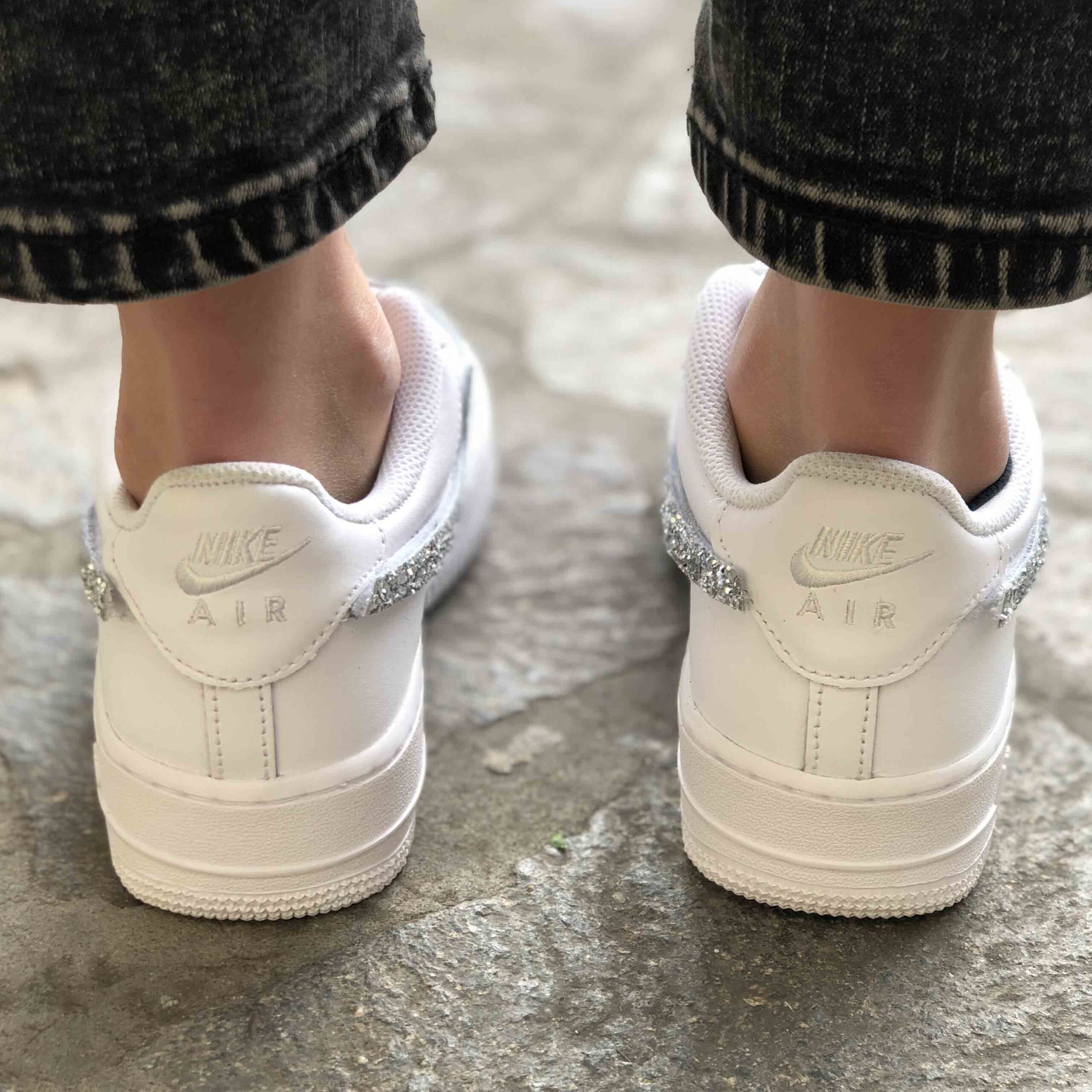 Nike Air Force One Custom Swoosh e Lacci Glitter Argento Shine
