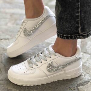 hNike Air Force One Custom Swoosh e Lacci Glitter Argento Shine