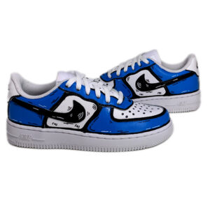 Nike Air Force One Custom Kids Cartoon Dipinte A Mano Blu & Nero