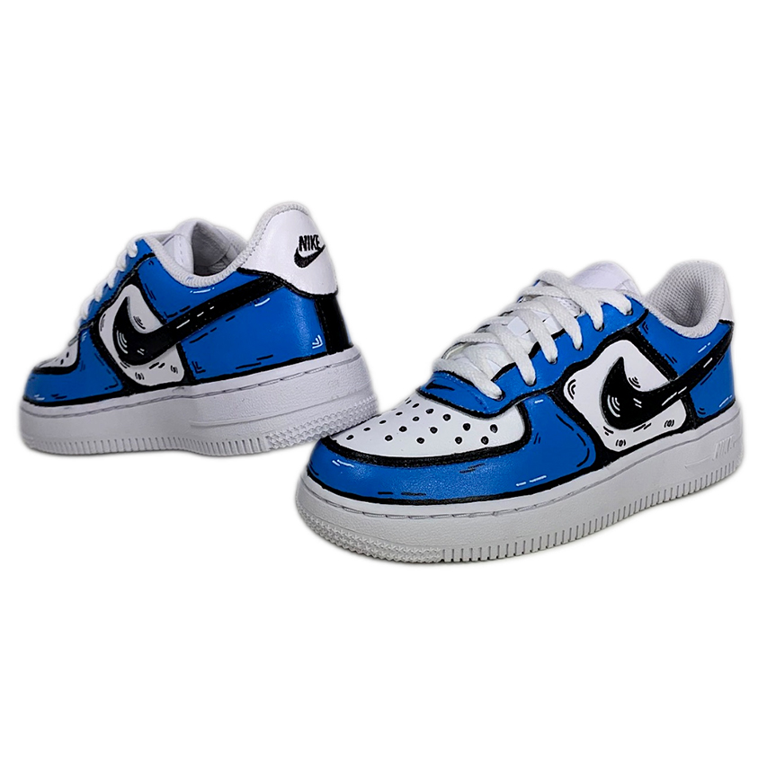 Nike Air Force One Custom Kids Cartoon Dipinte A Mano Blu & Nero