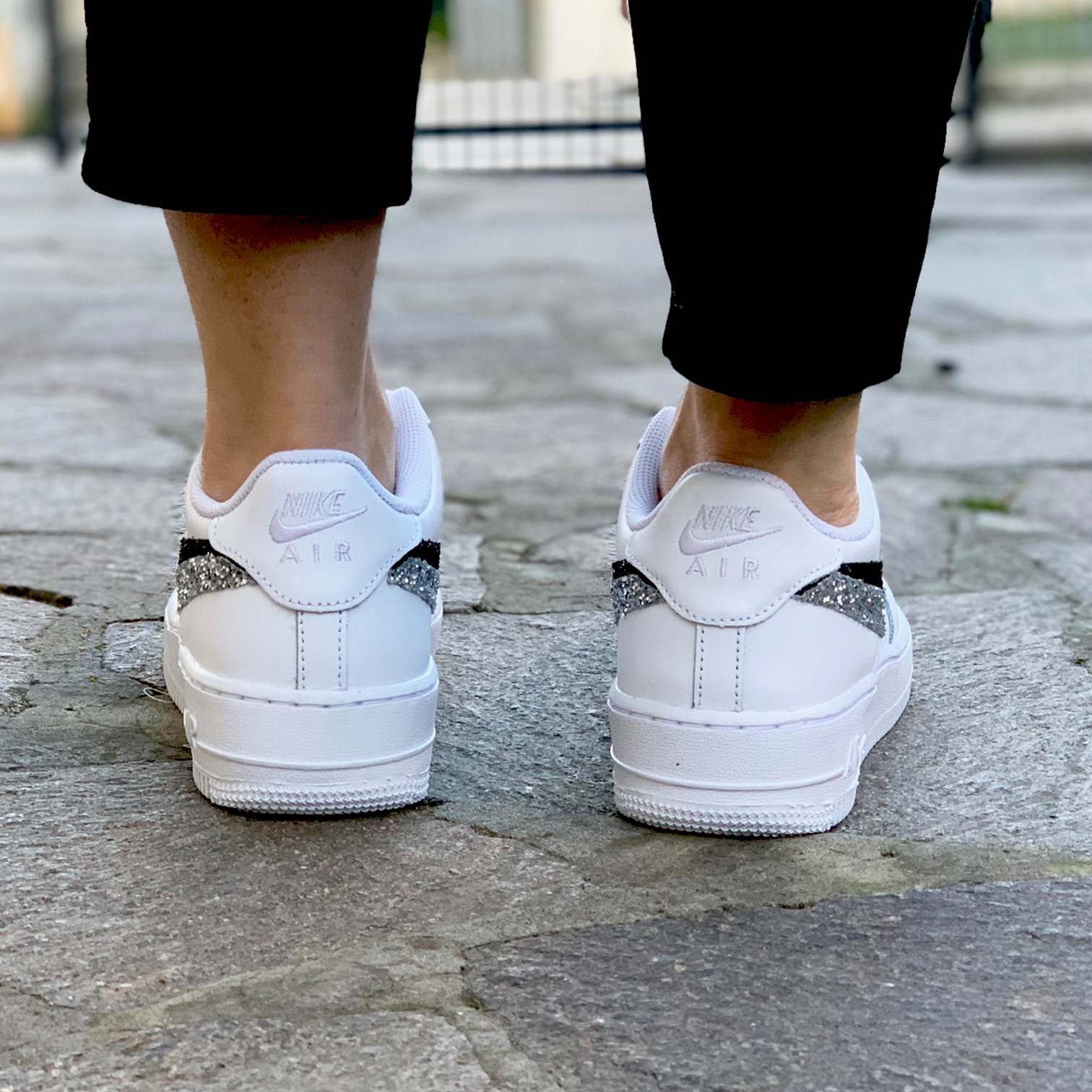 Nike Air Force One Custom Doppio Swoosh Glitter Nero & Argento