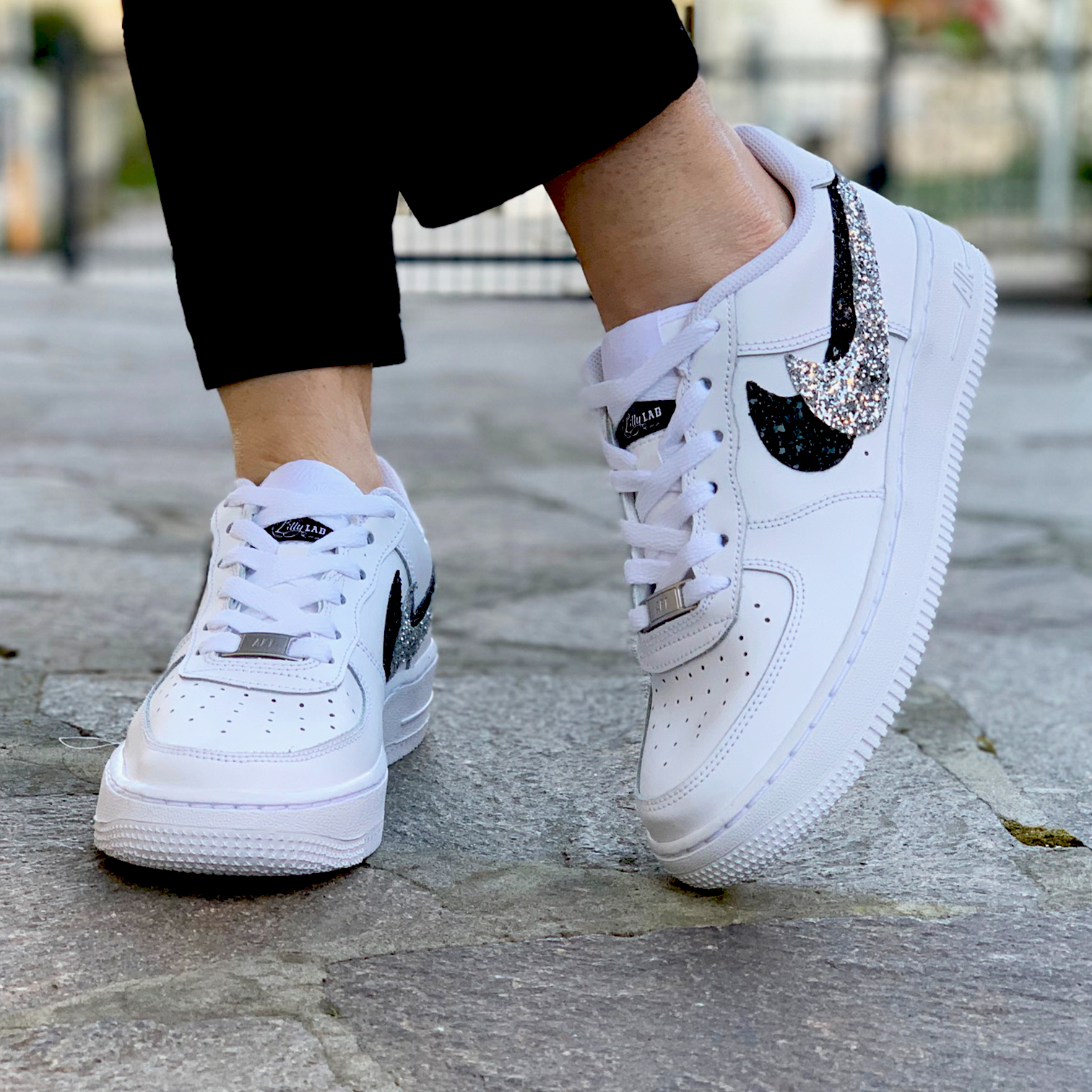 Nike Air Force One Custom Doppio Swoosh Glitter Nero & Argento