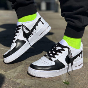 Nike Air Force One Custom Swoosh Effetto Goccia, Lacci & Anteriore Dipinto A Mano Nero