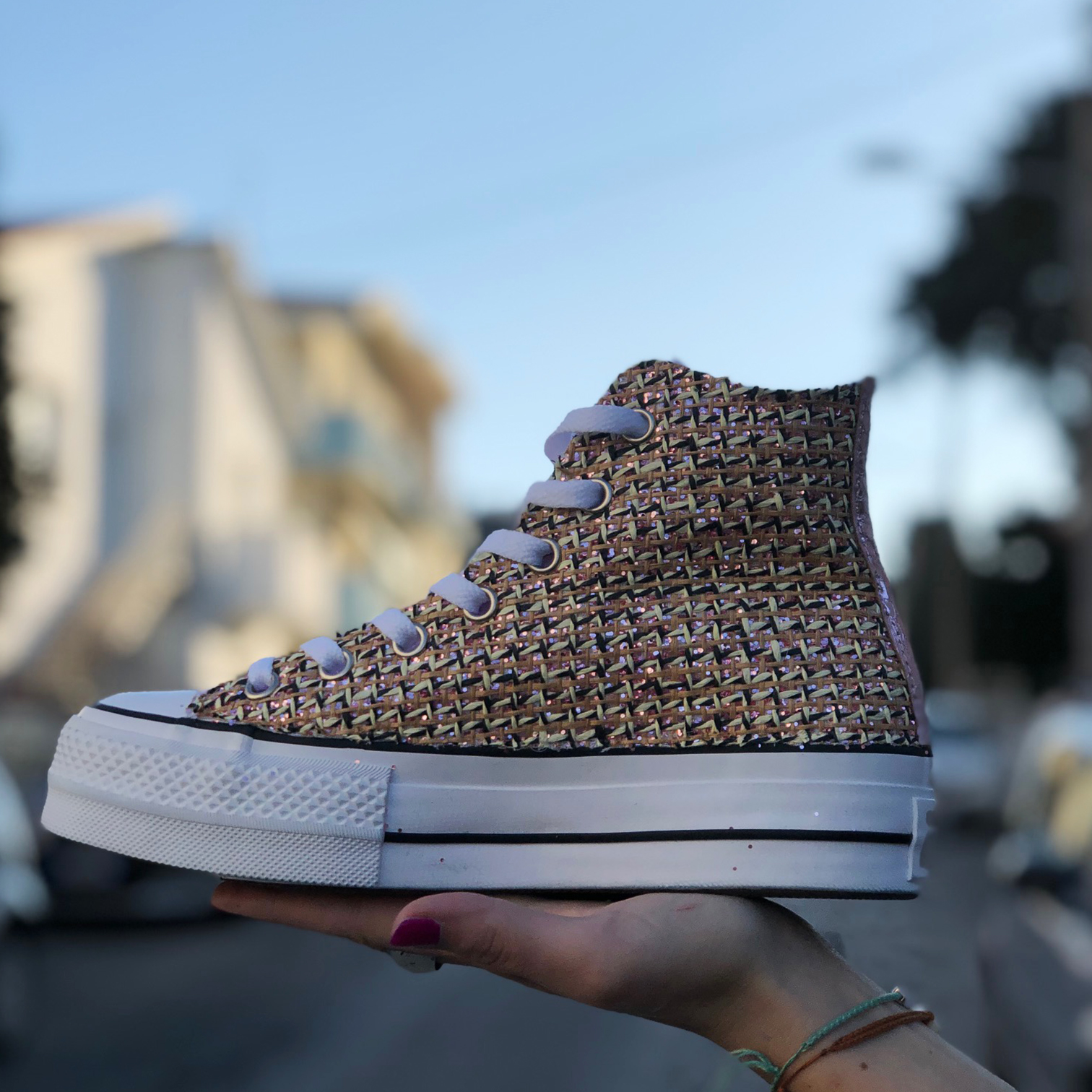 Converse All Star Personalizzate Platform Raffia & Glitter Rosa