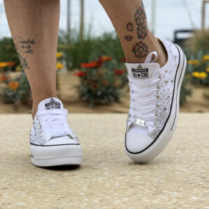 Converse All Star Personalizzate Platform Low Total Strass & Laccetti in Raso