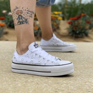 Converse All Star Personalizzate Platform Low Total Strass & Laccetti in Raso