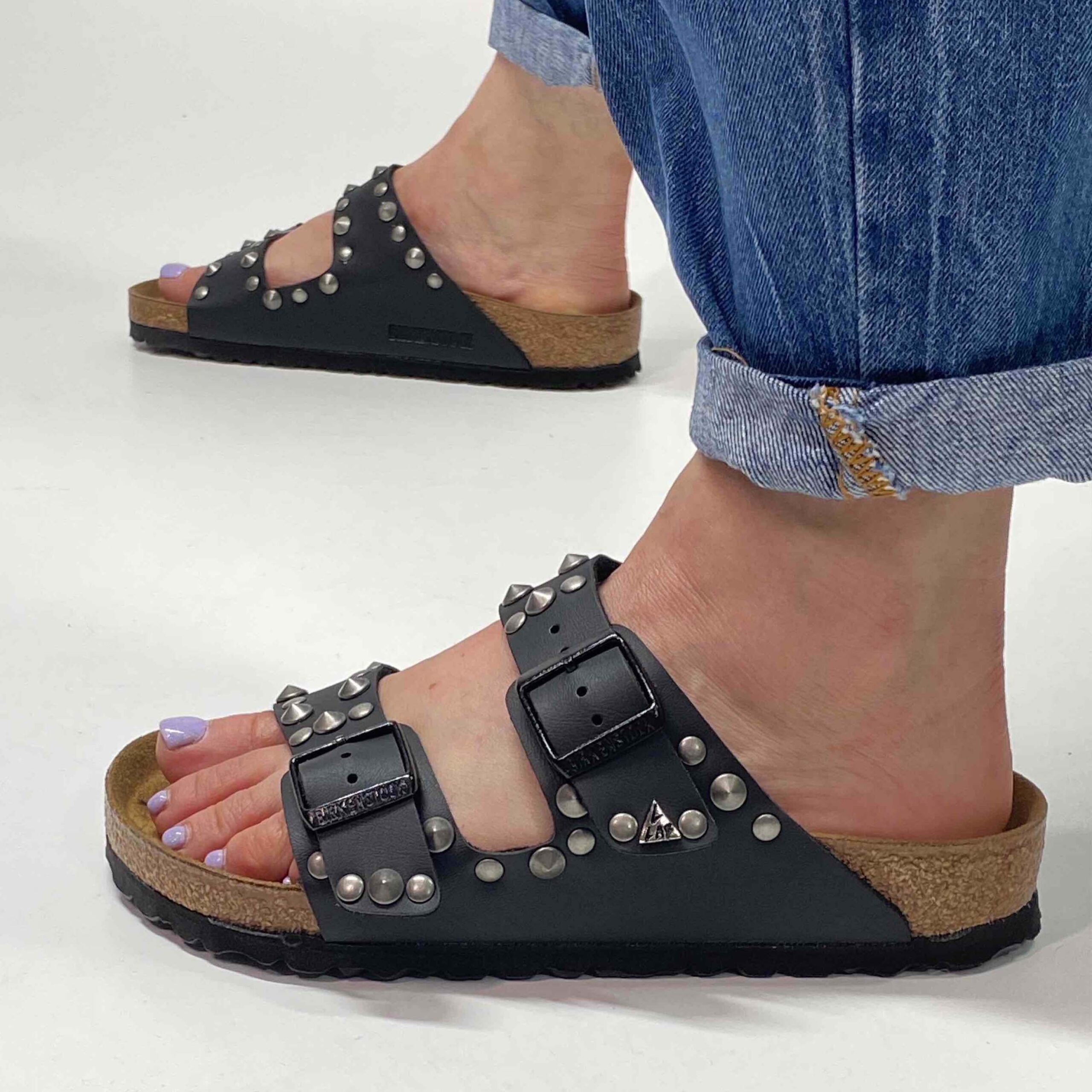 Birkenstock Arizona Personalizzate Base Nera Borchie Miste Satinate Alternate