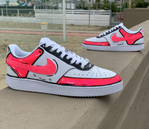 Nike Court Vision Custom Cartoon Dipinte A Mano Rosa Fluo & Nero Con Swoosh Glitter Rosa