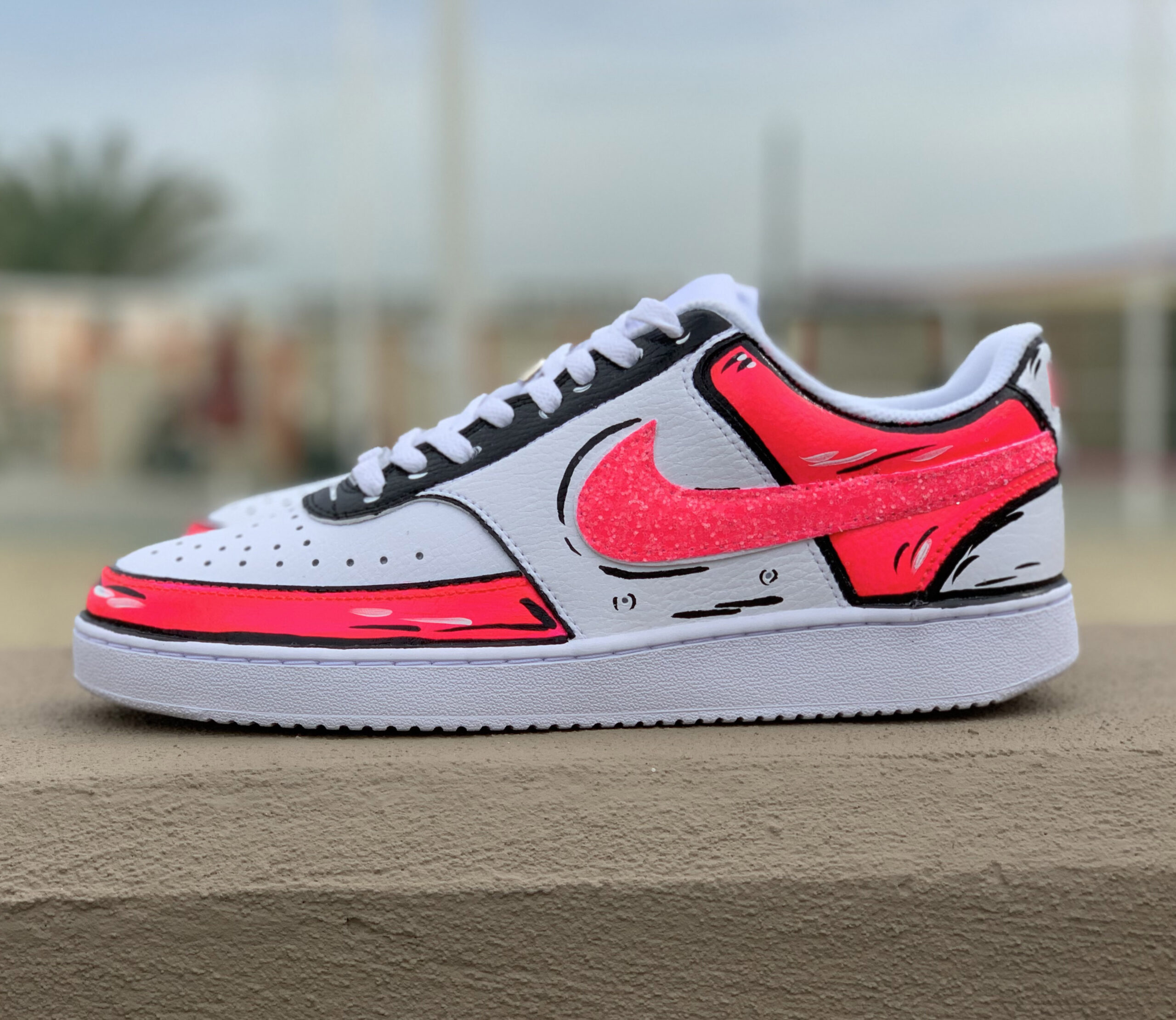 Nike Court Vision Custom Cartoon Dipinte A Mano Rosa Fluo & Nero Con Swoosh Glitter Rosa