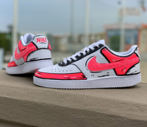 Nike Court Vision Custom Cartoon Dipinte A Mano Rosa Fluo & Nero Con Swoosh Glitter Rosa