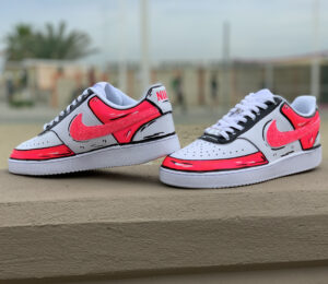 Nike Court Vision Custom Cartoon Dipinte A Mano Rosa Fluo & Nero Con Swoosh Glitter Rosa