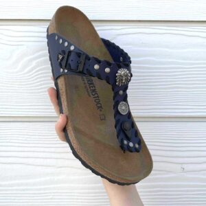 Birkenstock Gizeh Personalizzate Base Blu Passamaneria Nera e Borchie Satinate - Indiano