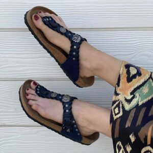 Birkenstock Gizeh Personalizzate Base Blu Passamaneria Nera e Borchie Satinate - Indiano