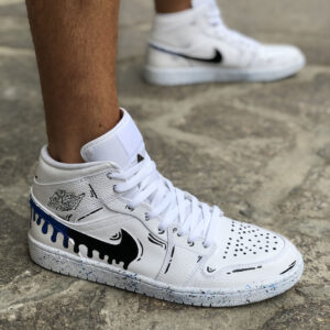 Nike Jordan 1 Custom Swoosh Effetto Goccia e Sporcatura Blu e Nera