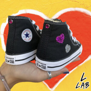 Converse All Star Personalizzate Bambino Doppio Cuore Glitter e Borchia in Strass Fucsia