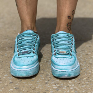 Nike Air Force One Custom Délavé Acqua Marina Swoosh e Lacci con Strass
