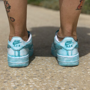 Nike Air Force One Custom Délavé Acqua Marina Swoosh e Lacci con Strass