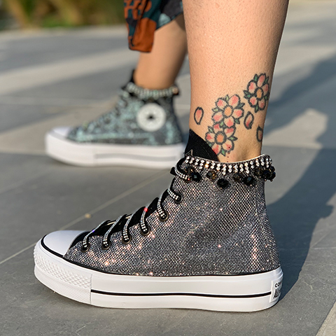 Converse All Star Personalizzate Platform Lurex Argento & Strass