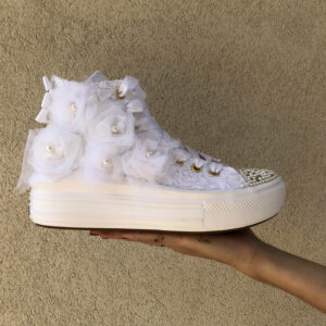 Converse Personalizzate Move Platform Sposa Rose, Pizzo, Perle, Strass Dorati e Raso