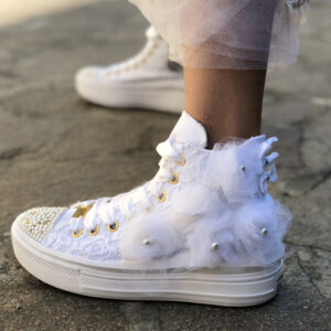 Converse Personalizzate Move Platform Sposa Rose, Pizzo, Perle, Strass Dorati e Raso