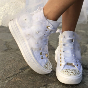 Converse Personalizzate Move Platform Sposa Rose, Pizzo, Perle, Strass Dorati e Raso