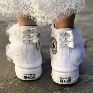 Converse Personalizzate Move Platform Sposa Rose, Pizzo, Perle, Strass Dorati e Raso