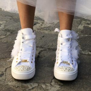 Converse Personalizzate Move Platform Sposa Rose, Pizzo, Perle, Strass Dorati e Raso