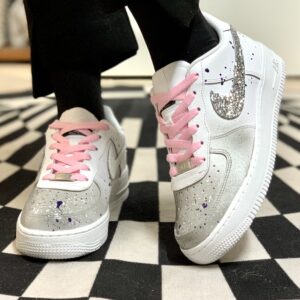 Nike Air Force One Custom Glitter Bianco e Argento e Sporcatura Grigio e Nera