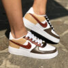 Nike Air Force One Custom Dipinta a Mano Beige, Bronzo e Marrone Swoosh in Cuoio