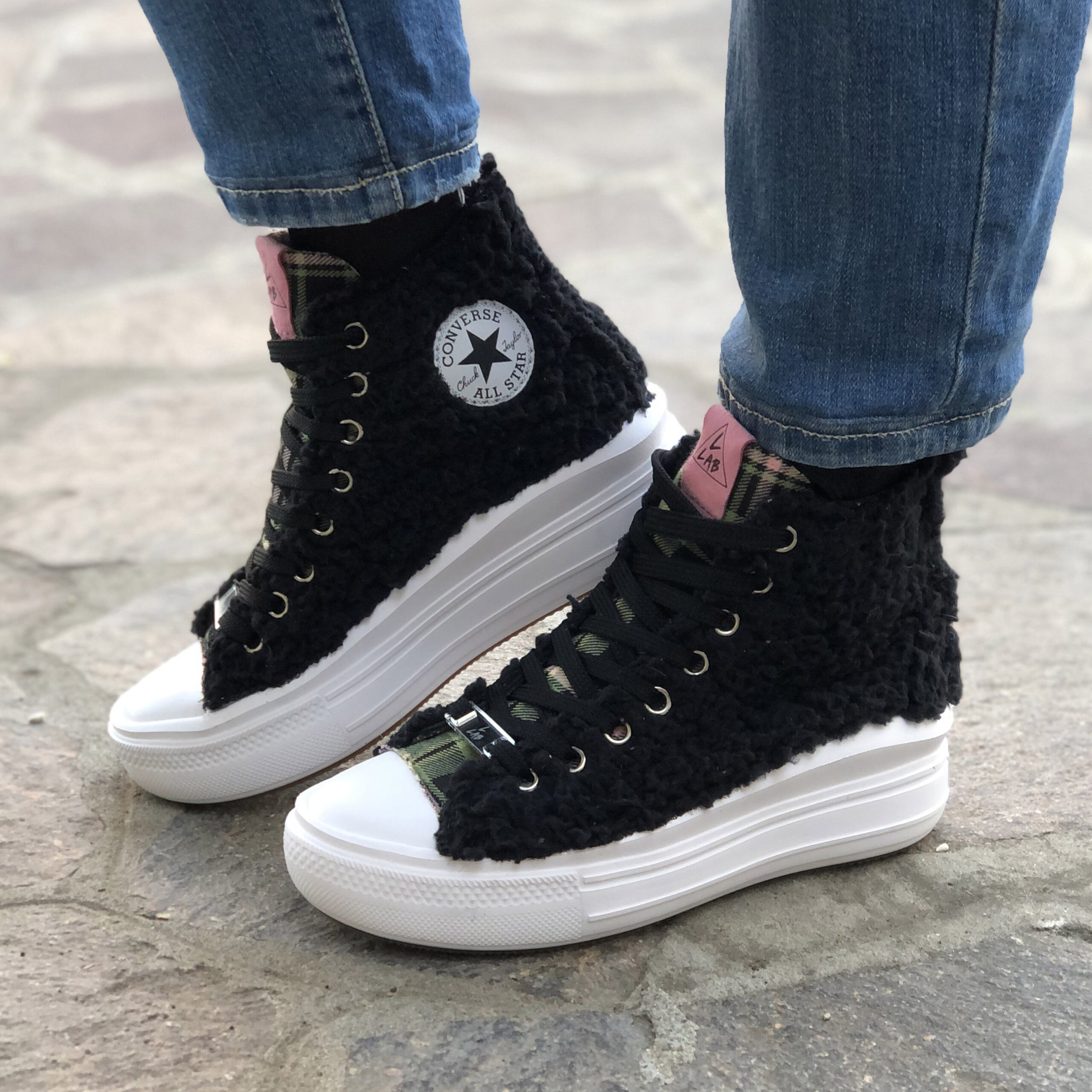 Converse All Star Personalizzate Platform Move Teddy Black laccetti Neri