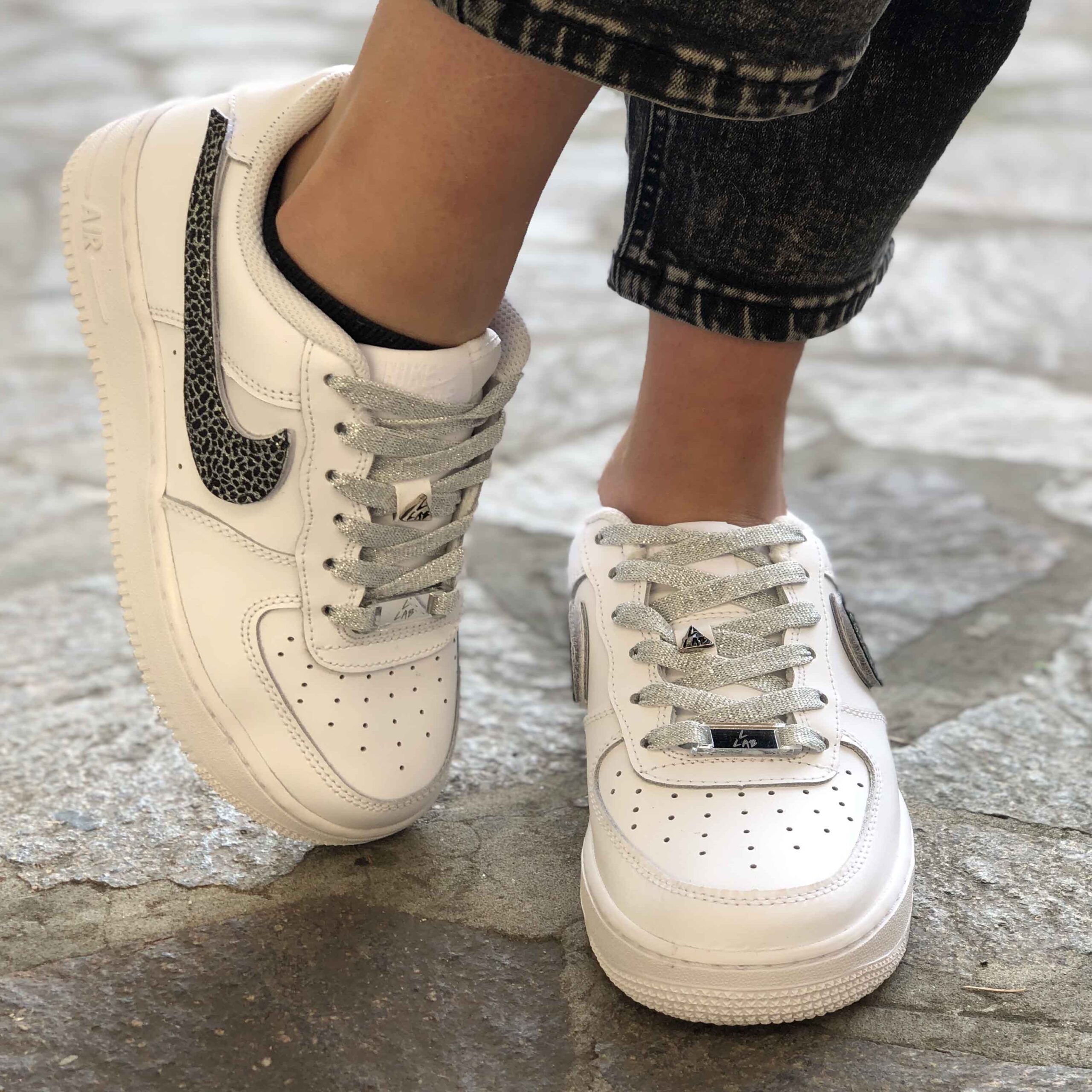 Nike Air Force One Custom Swoosh Glitter Squamato e Lacci Glitter Argento