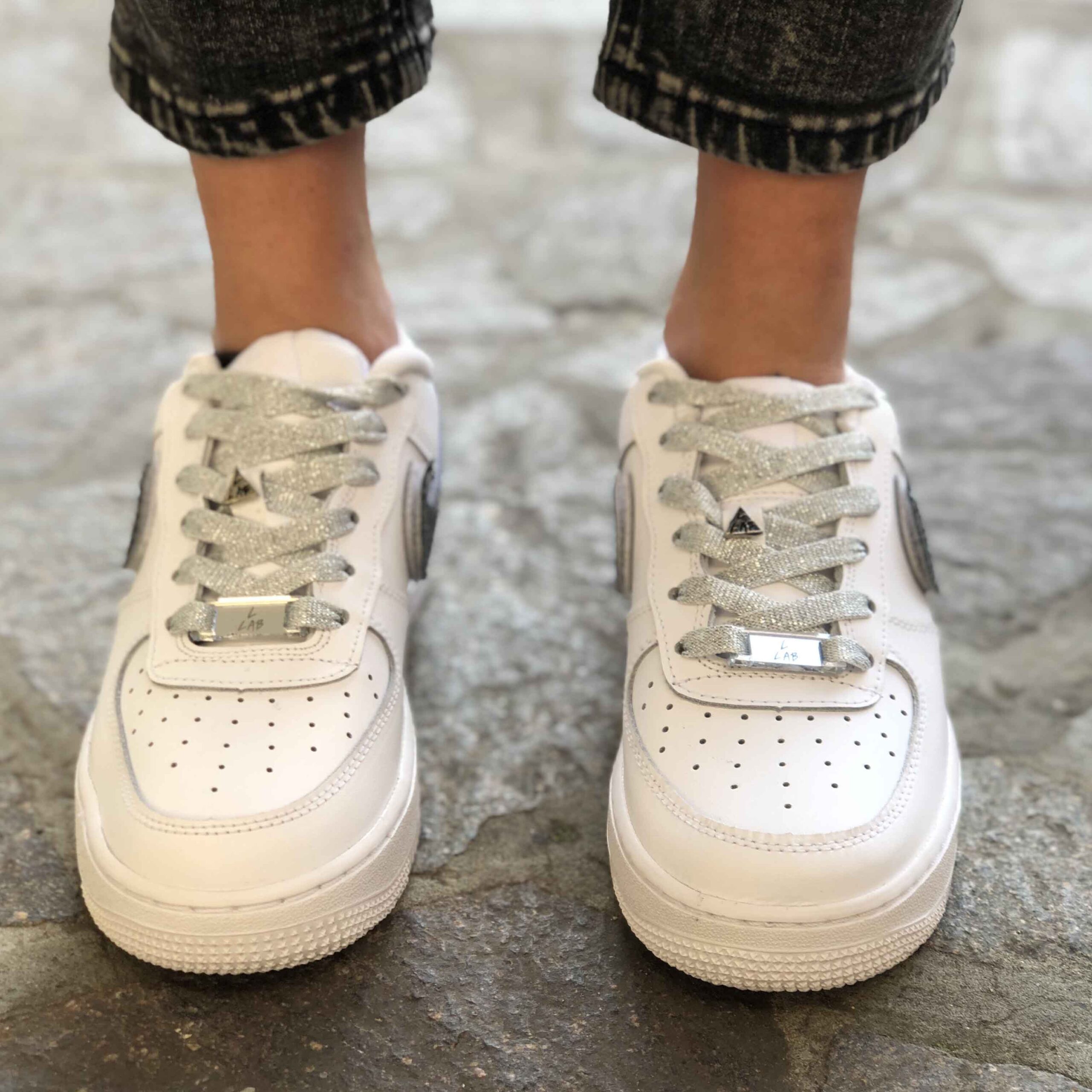 Nike Air Force One Custom Swoosh Glitter Squamato e Lacci Glitter Argento