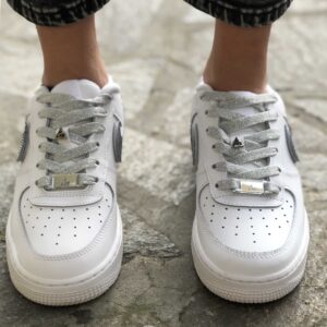 Nike Air Force One Custom Swoosh e Lacci Glitter Argento