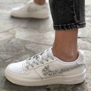 Nike Air Force One Custom Swoosh e Lacci Glitter Argento Shine
