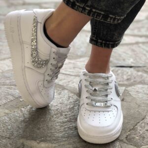 Nike Air Force One Custom Swoosh e Lacci Glitter Argento Shine