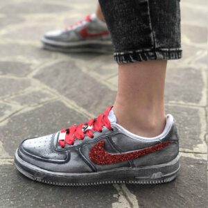 Nike Air Force One Custom Délavé Swoosh Glitter Rosso