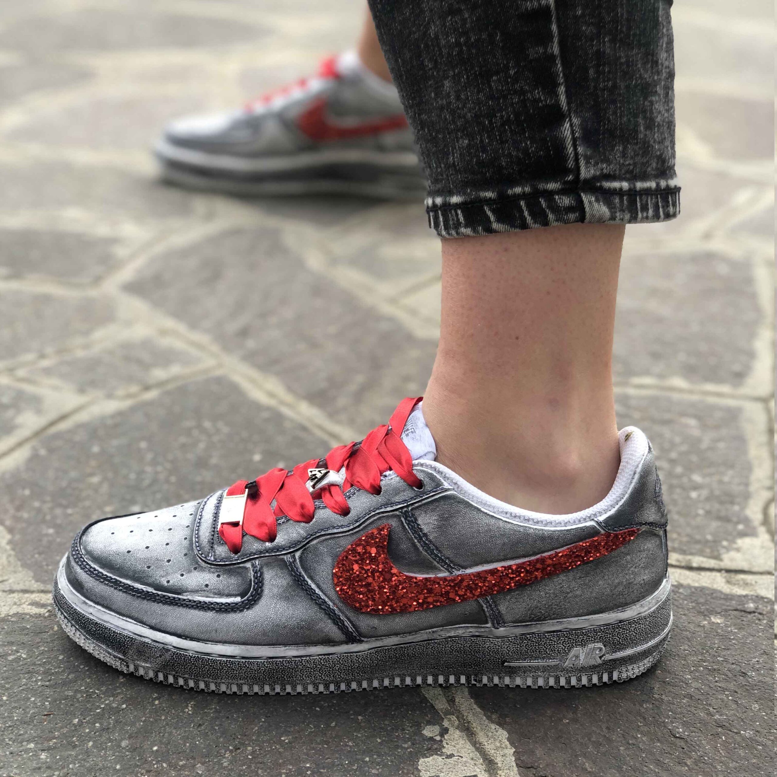 Nike Air Force One Custom Délavé Swoosh Glitter Rosso