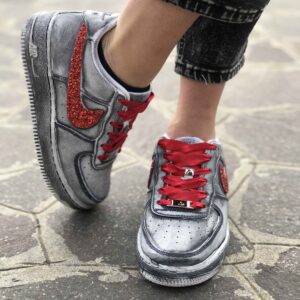 Nike Air Force One Custom Délavé Swoosh Glitter Rosso