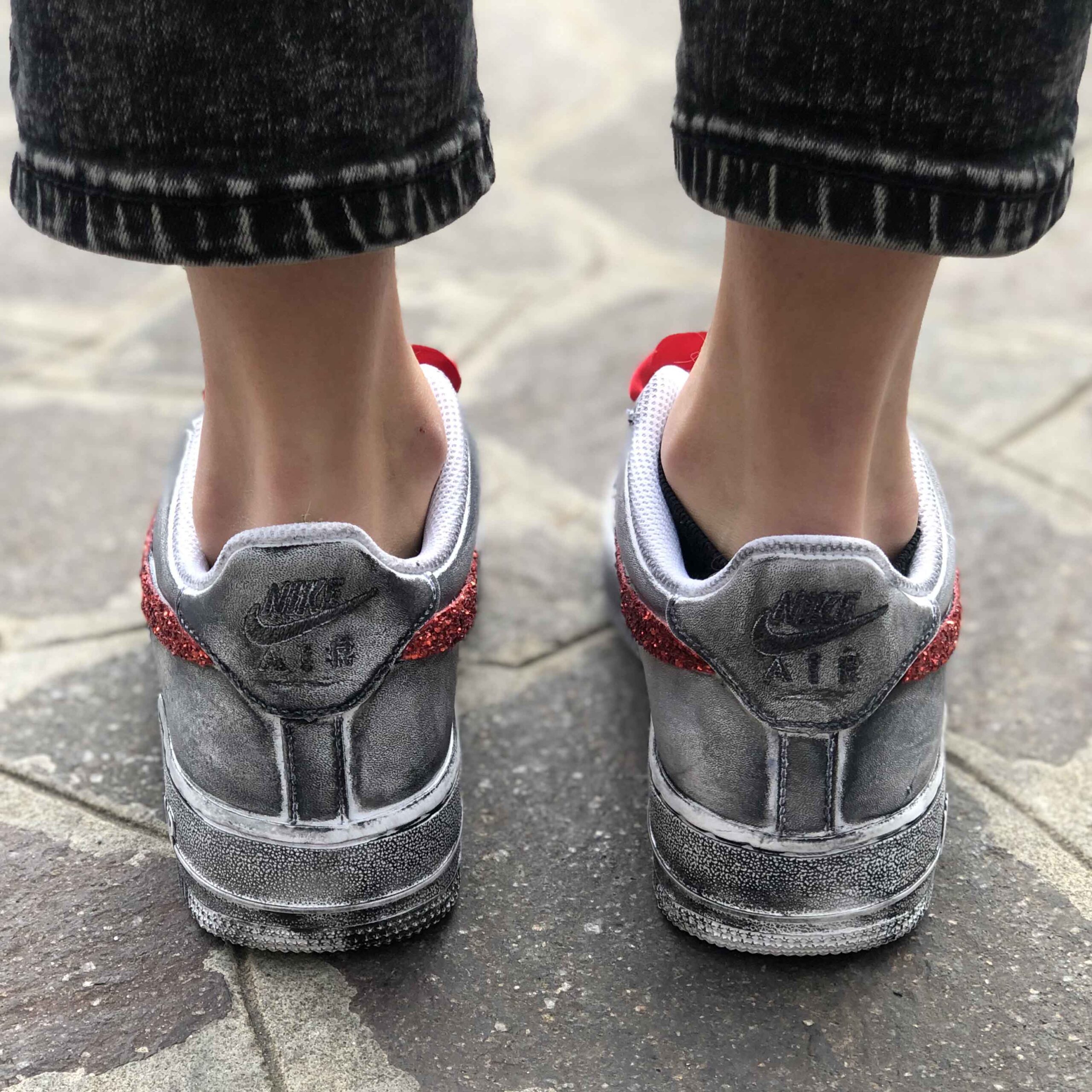Nike Air Force One Custom Délavé Swoosh Glitter Rosso