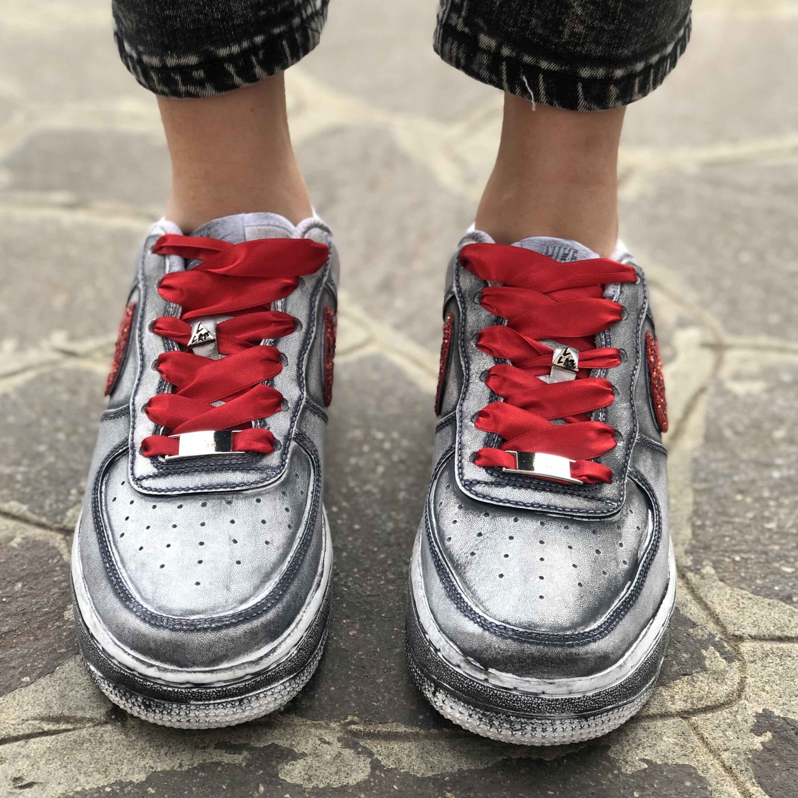 Nike Air Force One Custom Délavé Swoosh Glitter Rosso