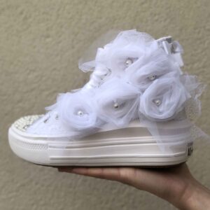 Converse All Star Personalizzate Move Platform Sposa Rose, Pizzo, Perle, Strass Argento