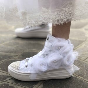 Converse All Star Personalizzate Move Platform Sposa Rose, Pizzo, Perle, Strass Argento