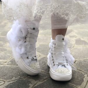 Converse All Star Personalizzate Move Platform Sposa Rose, Pizzo, Perle, Strass Argento