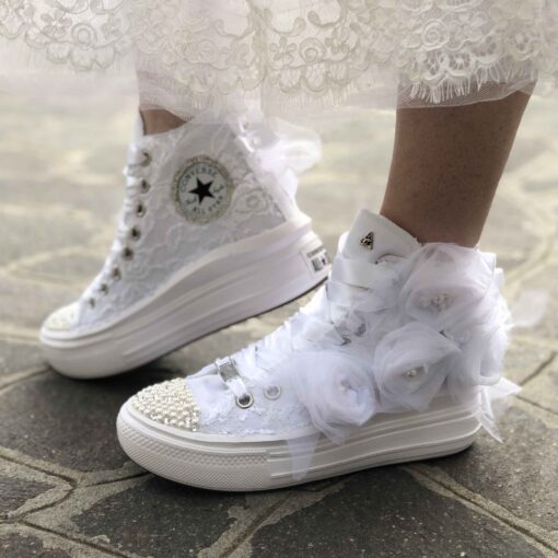 Converse All Star Personalizzate Move Platform Sposa Rose, Pizzo, Perle, Strass Argento