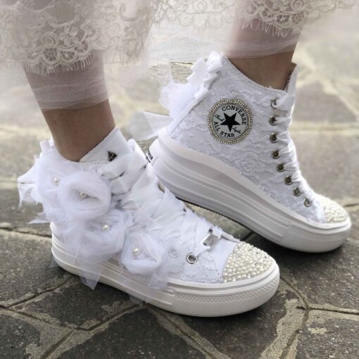 Converse All Star Personalizzate Move Platform Sposa Rose, Pizzo, Perle, Strass Argento