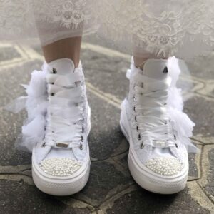 Converse All Star Personalizzate Move Platform Sposa Rose, Pizzo, Perle, Strass Argento