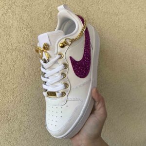 Nike Court Vision Custom Swoosh Glitter Fucsia, Catene e Fiocco Oro