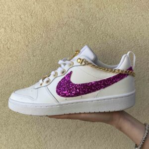Nike Court Vision Custom Swoosh Glitter Fucsia, Catene e Fiocco Oro