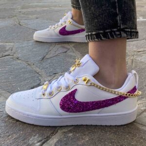 Nike Court Vision Custom Swoosh Glitter Fucsia, Catene e Fiocco Oro