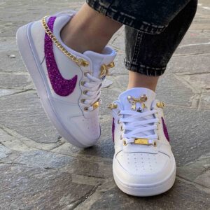 Nike Court Vision Custom Swoosh Glitter Fucsia, Catene e Fiocco Oro